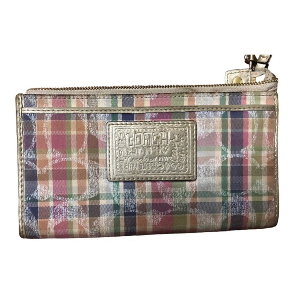 Coach multi canvas gold logo emblem zippered wristlet‎ clutch card case purse